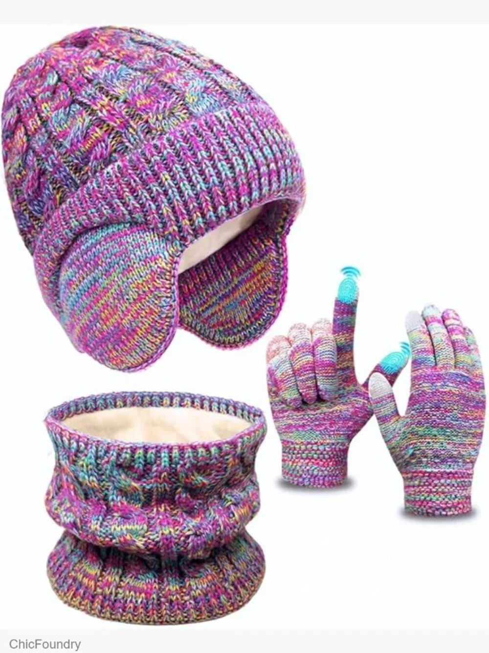Kids Winter Hat Gloves Scarf Set Knit Beanie with Earflaps Mittens Neck Gaiter
